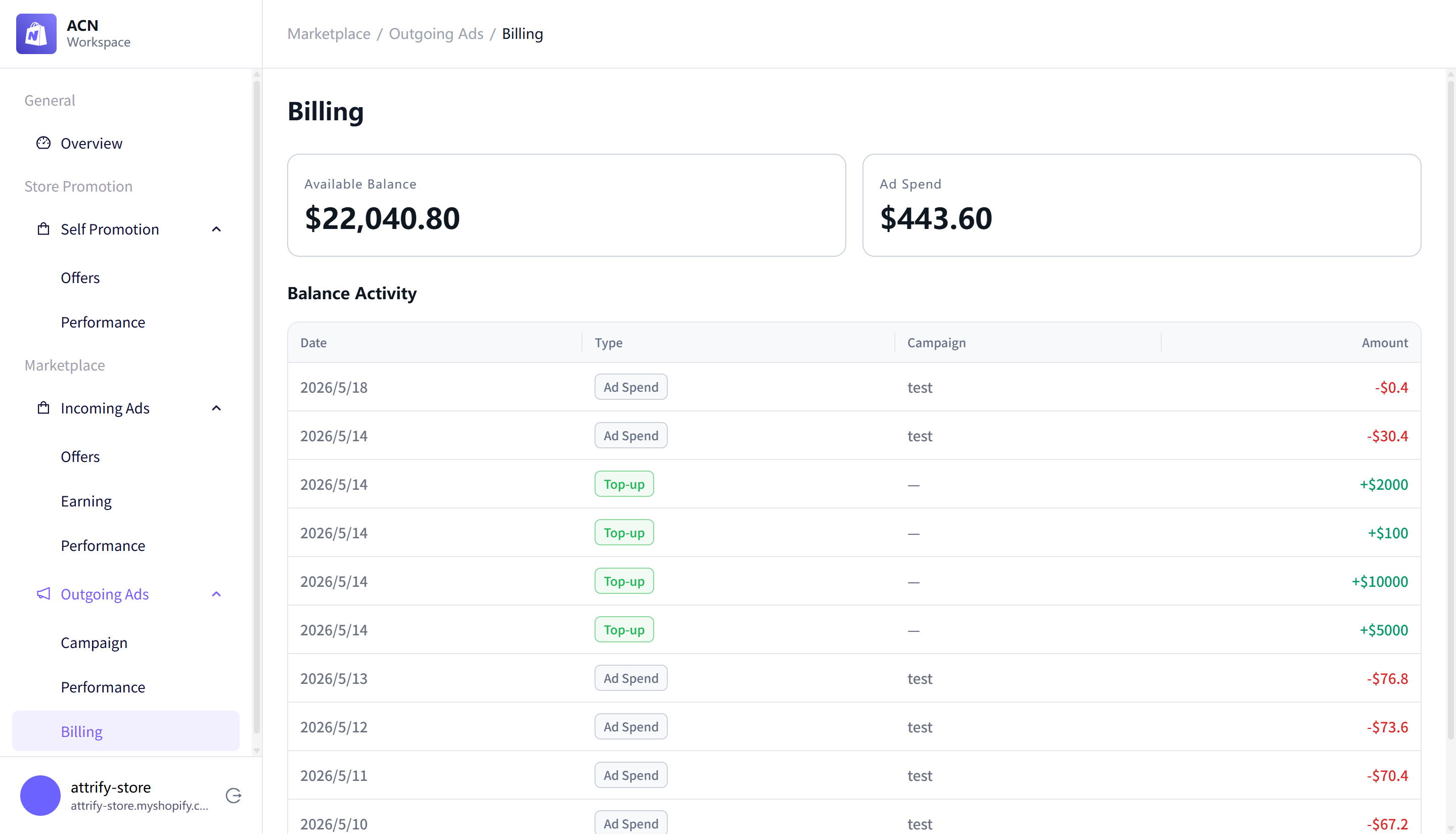Billing page