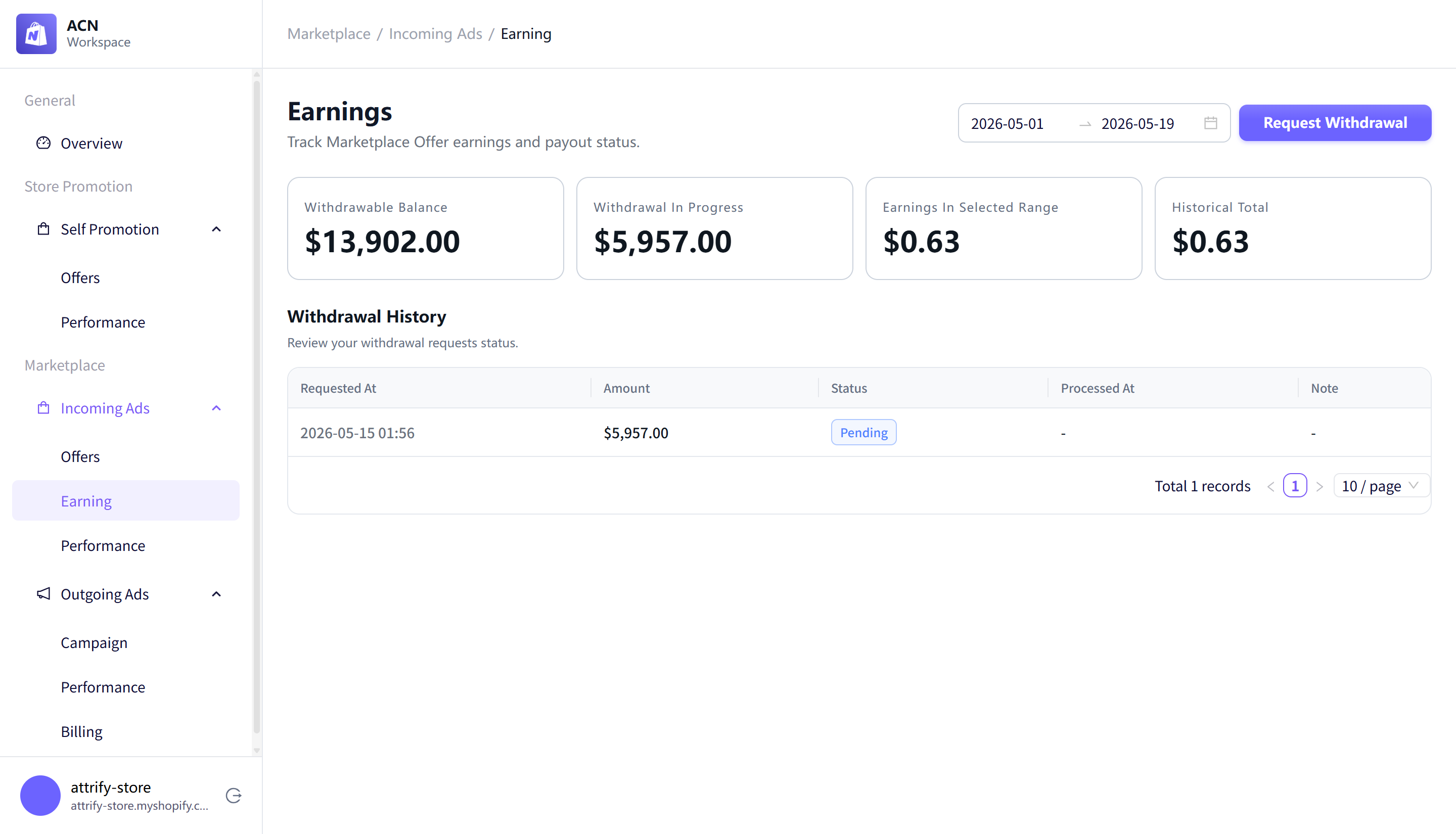 Marketplace earnings page