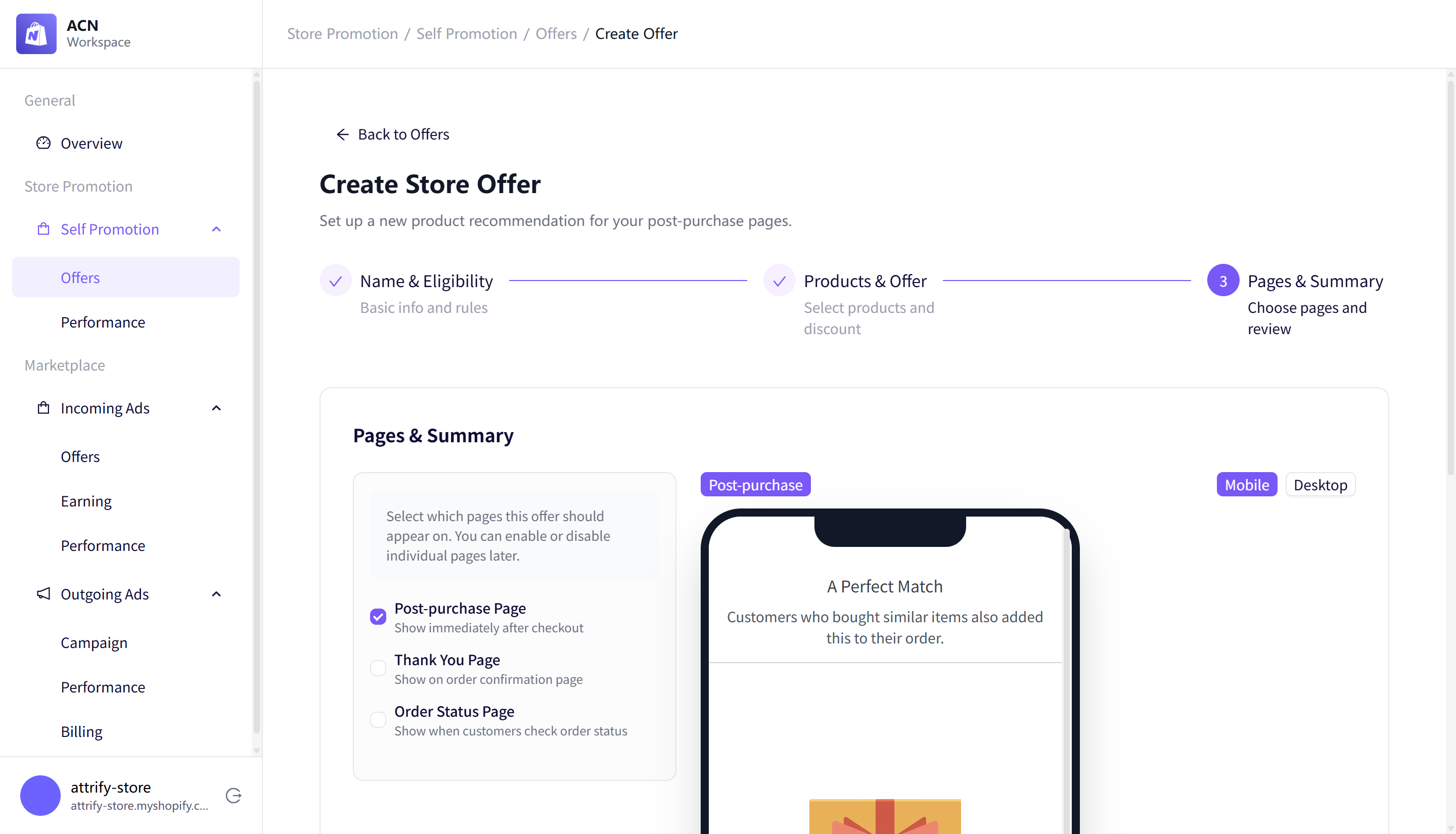 Store offer pages and summary preview